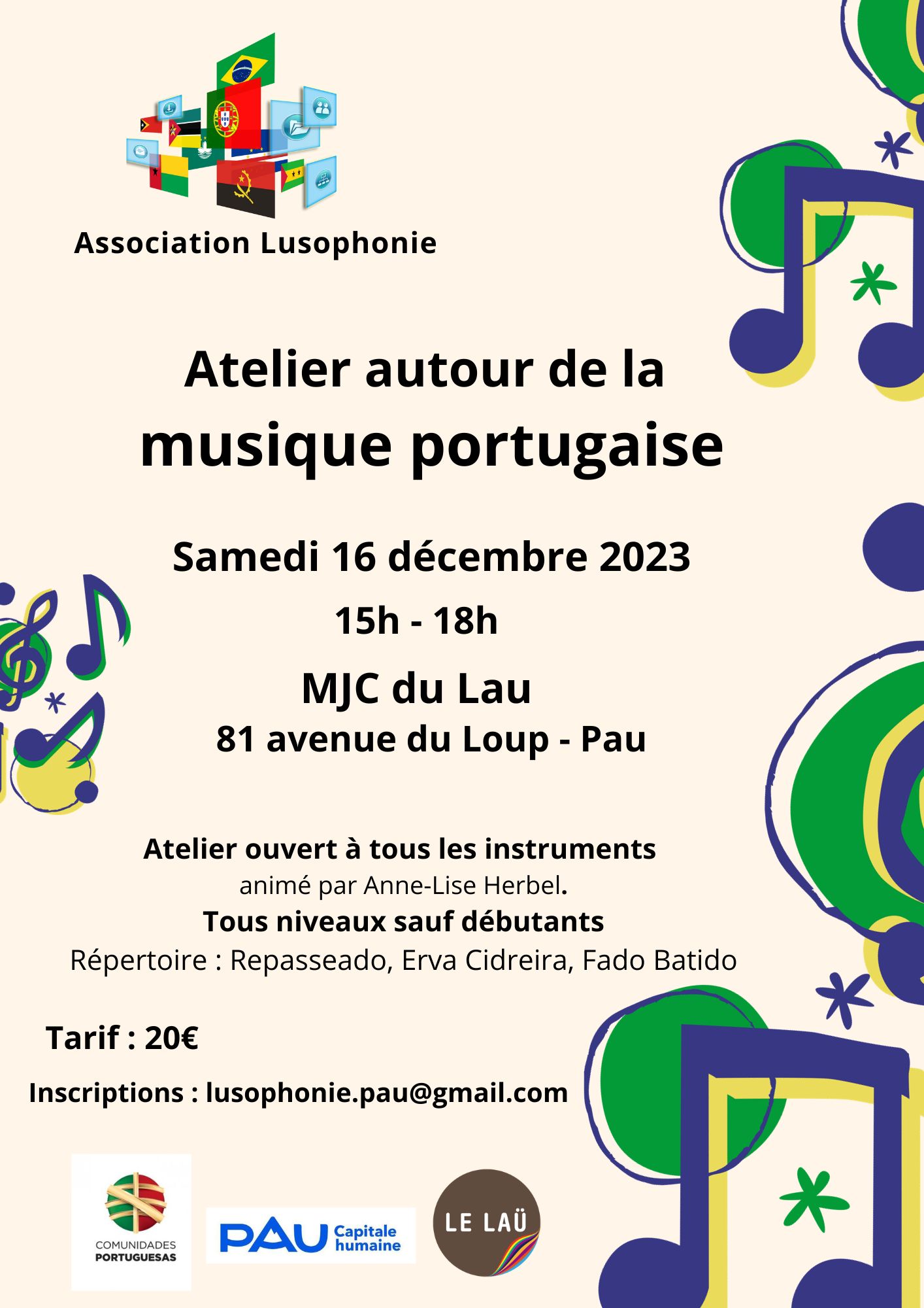 Affiche association Lusophonie atelier musique pau